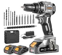 AKZWOXRO Perceuse Visseuse Sans Fil 21V, Brushless Visseuse Devisseuse avec 2 Batteries 2.0Ah, 45N.m Percussion, 20+1 Réglages de Couple, 14 Accessoires, 2 Vitesses, pour la Bricolage, Gris