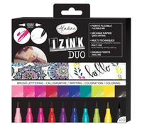 Aladine - 10 Feutres Brush Lettering à Double Pointe Fine et Pinceau : Feutres pour Calligraphie, Bullet Journal et Coloriage Adulte - Couleurs Vives - Mandala Dessin - Izink Duo - Ref. 85530