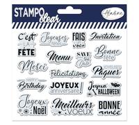 Aladine - 16 Tampons Évènements - Joyeux Anniversaire, Merci, Bonnes Fêtes, Invitation - Stampo Clear - Tampons Transparents Scrapbooking, Carterie - 04245