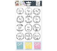 Aladine - Kit 12 Tampons & 3 Encreurs - Mois Couronnes - Saisons Calendrier Mois de l’Année - Pour Scrapbooking, Carterie, Loisirs Créatifs - Bleu, Jaune, Rose - 03629