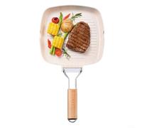 Alanmoship Poêle grill anti-adhésive avec poignée en bois pliable, revêtement sans PFOA, base à induction de 5 mm d'épaisseur, passe au lave-vaisselle, 24 x 24 cm, blanc (24 cm)