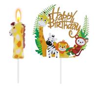 Alaoo Bougie Numéro 1, Bougies à Chiffre et 1 pièces de gâteau Toppers Thème Animalier Kit Decoration Gateau Happy Birthday Personnalisé, Bougies d'anniversaire pour Anniversaire Fête