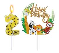 Alaoo Bougie Numéro 2, Bougies à Chiffre et 1 pièces de gâteau Toppers Thème Animalier Kit Decoration Gateau Happy Birthday Personnalisé, Bougies d'anniversaire pour Anniversaire Fête