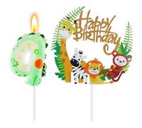 Alaoo Bougie Numéro 4, Bougies à Chiffre et 1 pièces de gâteau Toppers Thème Animalier Kit Decoration Gateau Happy Birthday Personnalisé, Bougies d'anniversaire pour Anniversaire Fête