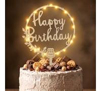 Alaoo Décoration de gâteau en Bois, Cake Topper avec Guirlande LED Cake Topper Communion Bois Happy Birthday, Décoration Gâteau Bois Décoration de Gâteau Joyeux Anniversaire