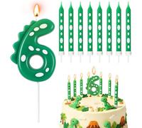 Alaoo Dinosaur Bougie Anniversaire, Bougie Numéro 6 avec 8 Bougies Longues | Bougies de Gâteau Chiffre Kit, Bougies Gâteau Topper Decoration, Decoration Gateau Anniversaire pour Les Enfants