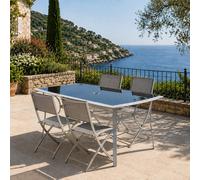 Concept Usine – Ensemble de jardin ALASSIO Table 150 cm + 4 chaises pliantes Gris clair et noir