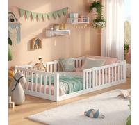 ALAVYA HOME® Lit de sol en titane 90 x 200 cm, avec protection anti-chute et sommier à lattes, en bois de hêtre certifié FSC®, pour enfant, blanc, bois de hêtre exclusif