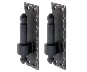 Alberts 846084 Paumelle sur plaque, modèle en fer forgé avec crochets DI ou DII, revêtement plastique noir, entraxe Ø 16 mm, plaque 150 x 45 mm, lot de 2