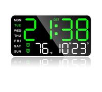 ALEENFOON Horloge Numérique Murale 10 Pouces avec Date, Jour de la Semaine, Température, Heure, Double Alarme et Luminosité Réglable,Horloge Murale Numérique pour Maison,Bureau (Verte)