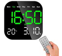 ALEENFOON Horloge Numérique Murale,Grande Horloge Numerique vec Télécommande, Double Alarme, Luminosité Réglable, Fonction Minuterie, Date, Horloge LED pour la Maison et Le Bureau (Vert)