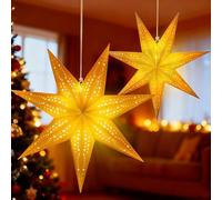 ALEGRE Lot de 2 étoiles de Noël LED en papier à suspendre, avec minuterie, étoiles en papier 3D lumineuses avec minuterie, poinsettia, fenêtre, papier pour décoration de Noël, décoration de fenêtre