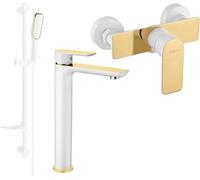 Alfa DF49 Ensemble de mitigeurs de lavabo et de douche avec accessoires, blanc/or (745714DF49-25)