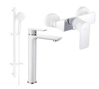 Alfa DF54 Ensemble de mitigeurs de lavabo et de douche avec accessoires, blanc/chrome (745714DF54-02)