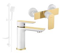 Alfa DF62 Ensemble de mitigeurs de lavabo et de douche avec accessoires, blanc/or (745704DF62-25)