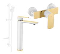Alfa DF62 Ensemble de mitigeurs de lavabo et de douche avec accessoires, blanc/or (745714DF62-25)