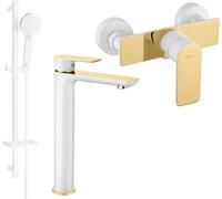 Alfa DQ40 Ensemble de mitigeurs de lavabo et de douche avec accessoires, blanc/or (745714DQ40-25)