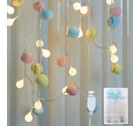 ALFEUND Guirlande lumineuse en forme de boule de coton, 3 m, 20 LED, blanc chaud, avec boules de coton couleur macaron, alimentation USB ou 3 piles AA pour chambre à coucher, mariage et décoration de