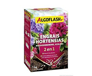 ALGOFLASH Engrais 2 en 1 pour Hortensias, Rhododendrons, Azalées Spécial pH, jusqu'à 10 Plantes, 1 kg, HORTOPH1N