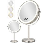 ALHAKIN Miroir de maquillage lumineux de 22,9 cm, miroir grossissant 30X/1x avec lumière double face, miroir de maquillage grande taille rotatif à 360° avec grossissement, 3 couleurs de luminosité