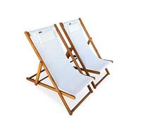 Alice's Garden - Chiliennes Bois - Creus - 2 transats en Bois d'Eucalyptus huilé avec Coussin Repose-tête Blanc
