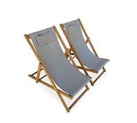 Chiliennes bois - Creus - 2 transats en bois d'Eucalyptus huilé avec coussin repose-tête gris taupe