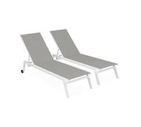 Alice's Garden - Lot de 2 Bains de Soleil Elsa en Aluminium Blanc et textilène Taupe. transats Multi Positions avec roulettes