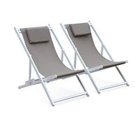 Alice's Garden - Lot de 2 Bains de Soleil - Gaia Taupe - en Aluminium Blanc et textilene Taupe avec Coussin Repose tête. chilienne