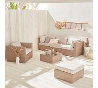 Alice's Garden - Salon de Jardin en résine tressée - Caligari - Beige. Coussins Beige - 5 Places - 1 Fauteuil. 1 Fauteuil sans accoudoir. 1 Pouf. 2 fauteuils d'angle. Une Table Basse