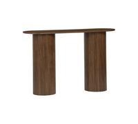Console ovale scandinave décor bois rainuré. pieds ronds. couleur noyer. L 120 x P 35 x H 75cm
