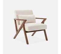 Fauteuil scandinave bois d'hévéa finition teinté noyer clair et bouclette blanche ANTOINE