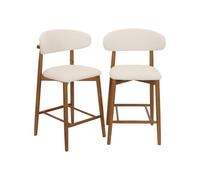 Lot de 2 tabourets de bar en bois d'hévéa noyer et tissu bouclette crème - Paola