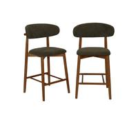 Lot de 2 tabourets de bar en bois d'hévéa noyer et tissu chenille kaki - Paola