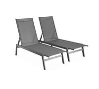 Alice's Garden sweeek - Lot de 2 transats Anthracite. 5 Positions. en textilène et métal. Flora. L155 x P59 x H106cm