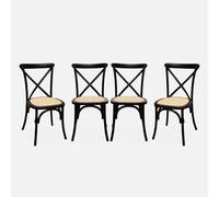sweeek - Lot de 4 chaises de bistrot en Bois d'hévéa Noir. Vintage. Assise en rotin. empilables