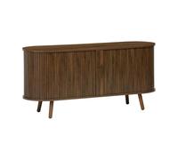 Meuble TV scandinave 2 portes coulissantes. 4 compartiments. décor bois rainuré noyer. L120 x 40 x 57 cm
