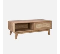 sweeek - Table Basse avec 2 niches. 1 Porte coulissante. décor Bois et cannage. Pieds Eucalyptus