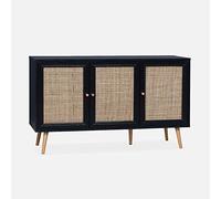 Alice's Home - Buffet de Rangement en cannage. Noir 120x39x70cm - Bohème - 2 Niveaux. 3 Portes. Pieds scandinaves. Buffet Bas