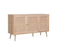 Alice's Home Buffet de Rangement en cannage Salon 120x39x70cm - Bohème - 2 Niveaux. 3 Portes. Pieds scandinaves