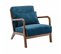 Fauteuil en velours bleu pétrole. pieds bois d'hévéa teinté noyer clair. 1 place droit fixe. pieds compas scandinave