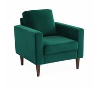 Alice's Home - Fauteuil scandinave en Velours Vert Anglais - Bjorn - Canapé 1 Place Fixe Droit Pieds Bois d'hévéa Effet Bois de Noyer