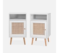 Alice's Home - Lot de 2 Tables de Chevet en cannage - Bohème - 40x39x65.8cm Blanc - 2 Niveaux - 1 Portes - 1 Espace de Rangement - Pieds scandinaves