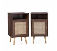 Alice's Home - Lot de 2 Tables de Chevet en cannage - Bohème - 40x39x70cm Couleur Bois foncé - 2 Niveaux - 1 Portes - 1 Espace de Rangement - Pieds scandinaves