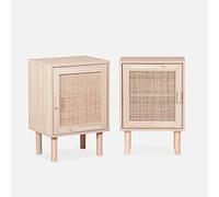 Alice's Home - Lot de 2 Tables de Chevet en cannage et décor Bois - Camargue - 40x30x58cm. 2 Niveaux. 1 Porte. Pieds Droits