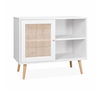 Alice's Home - Meuble de Rangement en cannage 80x39x65.8cm Bohème - Blanc - 2 Niveaux - 1 Porte - Pieds scandinaves. Buffet Bas