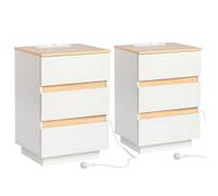 ALIGHTUP - Table de chevet ,2pcs chevet, sans poignée, avec plusieurs prises de charge, couleur blanc + bois, 38x32x56cm