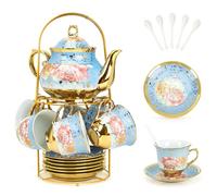ALIMOTA Service à thé 20 pièces en porcelaine avec support en métal et cuillère, service à thé européen en céramique pour adultes, théière, tasse, soucoupe, cuillère pour 6, coffret cadeau (bleu)