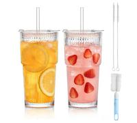 ALKNOT Lot de 2 gobelets en verre cannelés de 600 ml avec couvercle et paille, verres en verre de haute qualité, hermétiques et imperméables, parfaits pour le café