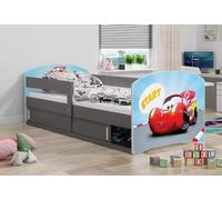 All4All Lit Enfant Leo - 160 x 80 cm Junior - Chambre Enfant - avec Rangement - Cars - Hello Kids - Lit en Bois - Sommier à Lattes - 20 (Cars avec Cadre Graphite, sans Matelas)