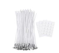 ALLAVA 50 pièces mèches de bougie pour bougies, mèches de bougie de 10 cm avec 60 pièces autocollants pour mèche de bougie, coton bio naturel, pré-ciré avec cire de soja, mèche de bougie pour la